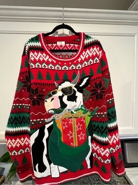 Holiday Time Red and Green Cow Crewneck Sweater